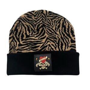 Ed Hardy Black and Gold Zebra Print Beanie